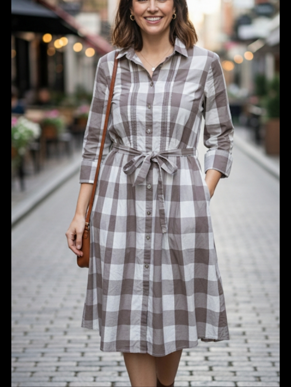 Boden US 12/UK 16 Brown White Gingham Check Shirtdress Belted Midi Dress Cottage